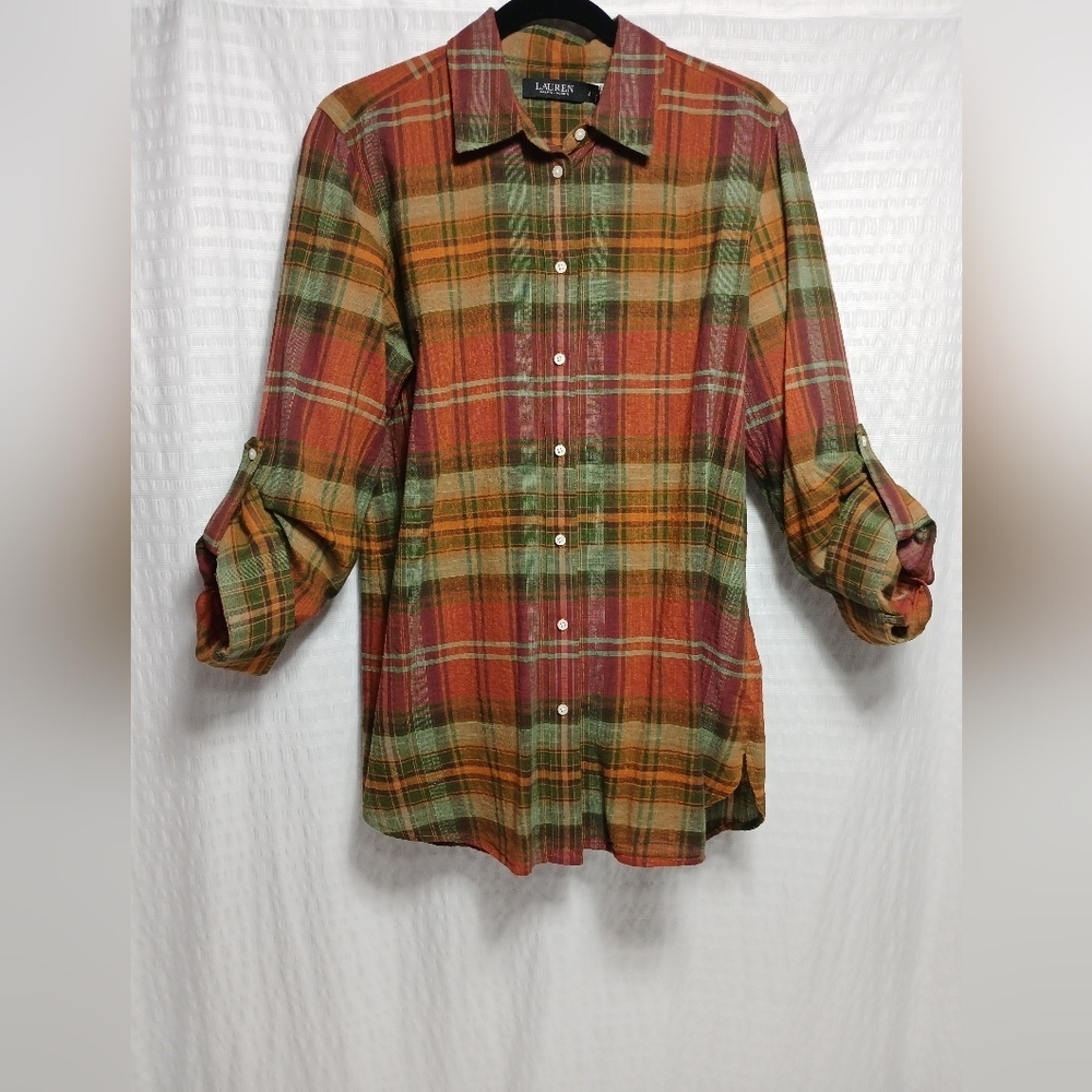 Lauren Ralph Lauren Women's Long Sleeve Plaid Cotton Button Up Shirt. L - Picture 3 of 14